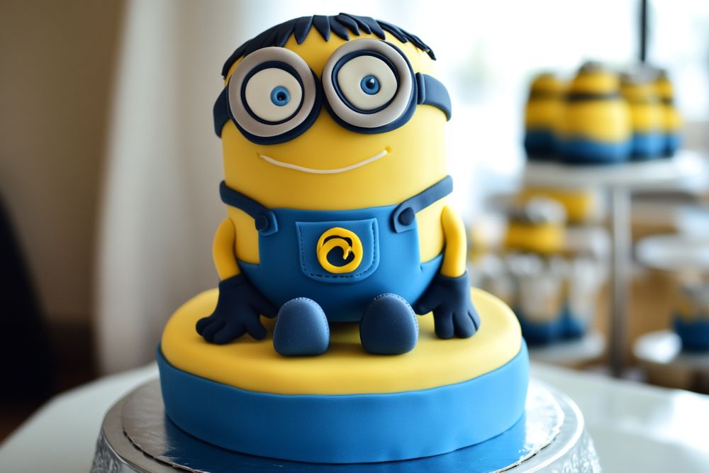 A minion cake designed to look like a Minion character, decorated with yellow and blue fondant, sits on a round blue and yellow cake base—perfect for fans of fun minion cakes.