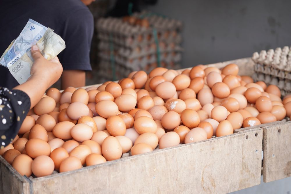 A person holds cash near a wooden crate filled with brown eggs from a local chicken egg supplier at a market, with more stacks of eggs in the background.