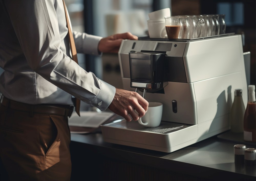 A person in business attire prepares coffee with an espresso machine, holding a cup beneath it—showcasing the perfect solution for those wondering where to buy coffee machines in Singapore for home and office use.